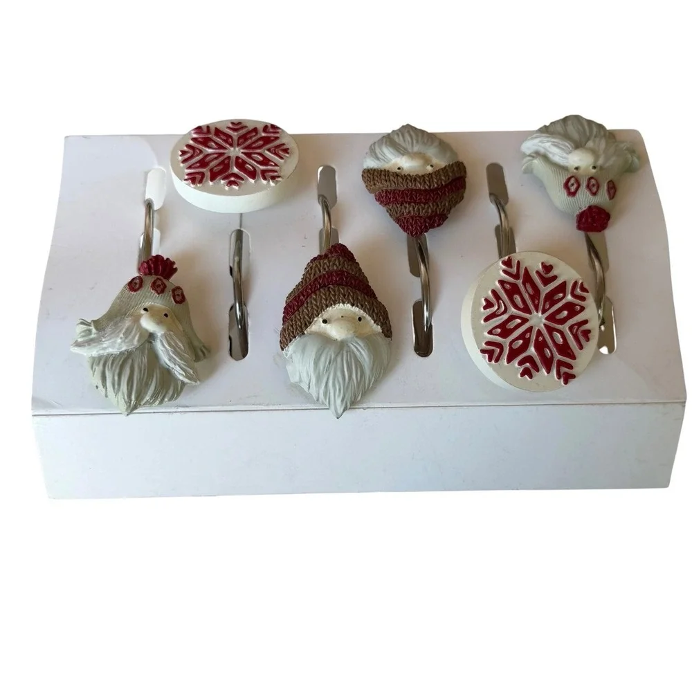 Christmas Shower Curtain Hooks Set of 12 Santa Gnome Snowflake Rustic Holiday